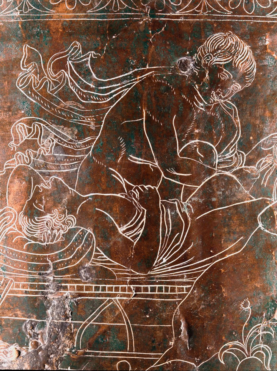 Arte etrusca: detalhe da Ficoroni Cistus de bronze representando a lenda dos Argonautas: o navio de Argos. Do Preneste (Palestrina). 340 AC. Museo Nazionale di Villa Giulia, Roma. de Etruscan