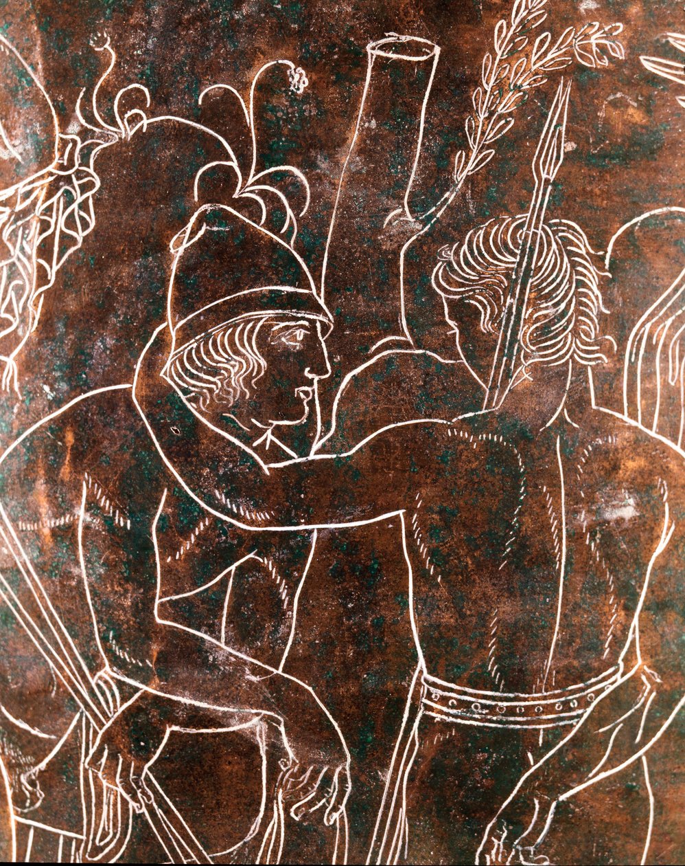 Arte etrusca: detalhe da Ficoroni Cistus de bronze representando a lenda dos Argonautas. Do Preneste (Palestrina). 340 AC. Museo Nazionale di Villa Giulia, Roma. de Etruscan