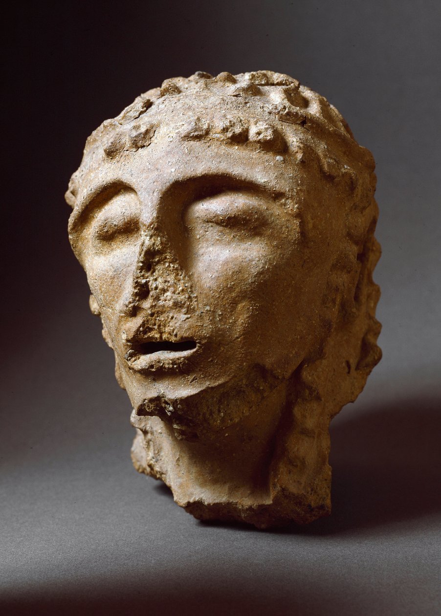 A civilização etrusca: A cabeça do homem terracota. 550-530 AC. Do 2º Palácio de Murlo. Depositi Soprintendenza Archeologica del 