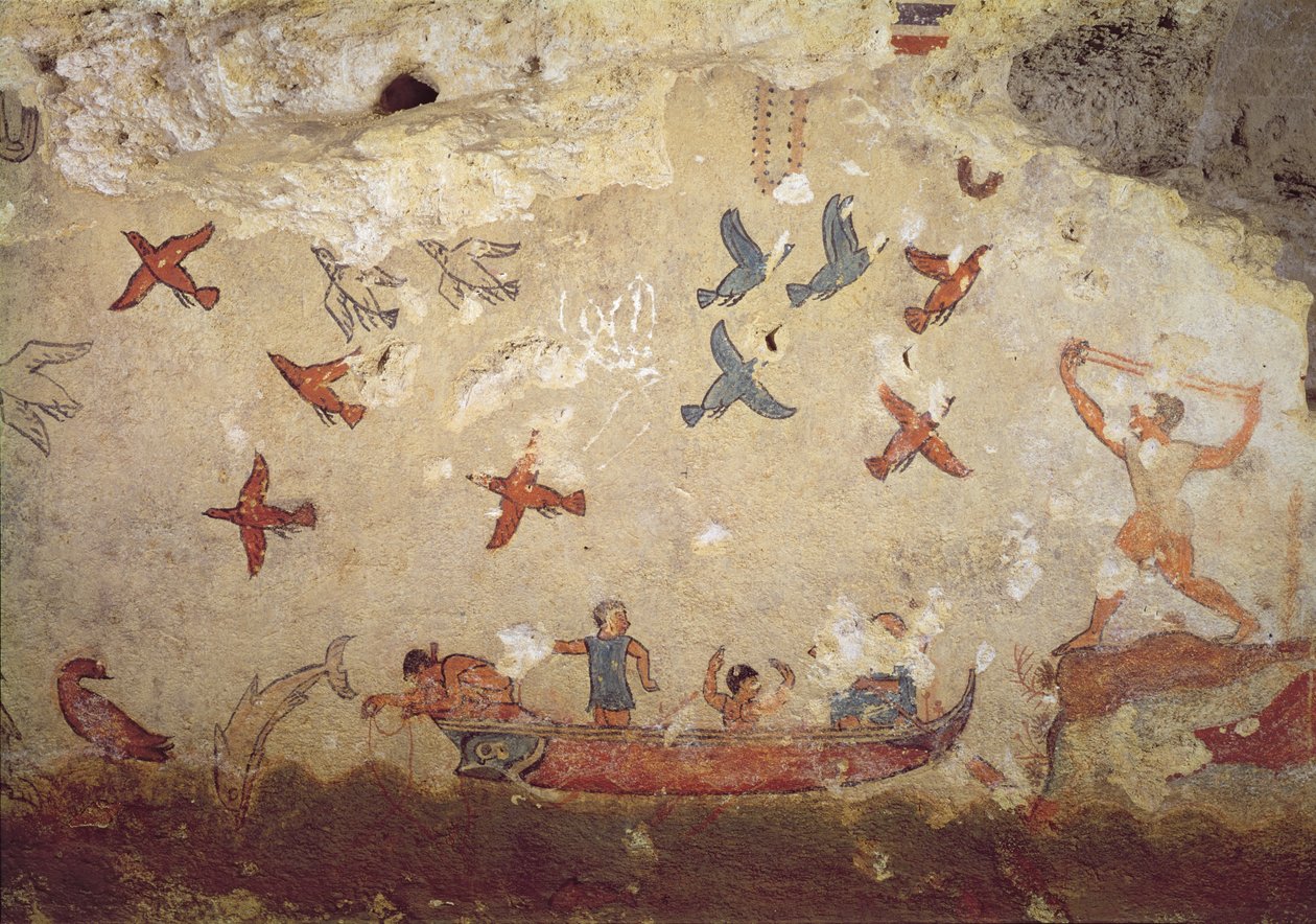 Pescadores, em, um, bote, e, pássaros, voando, de, a, túmulo, de, pesca, e, caça, c.520-510, bc, (wall, painting) de Etruscan