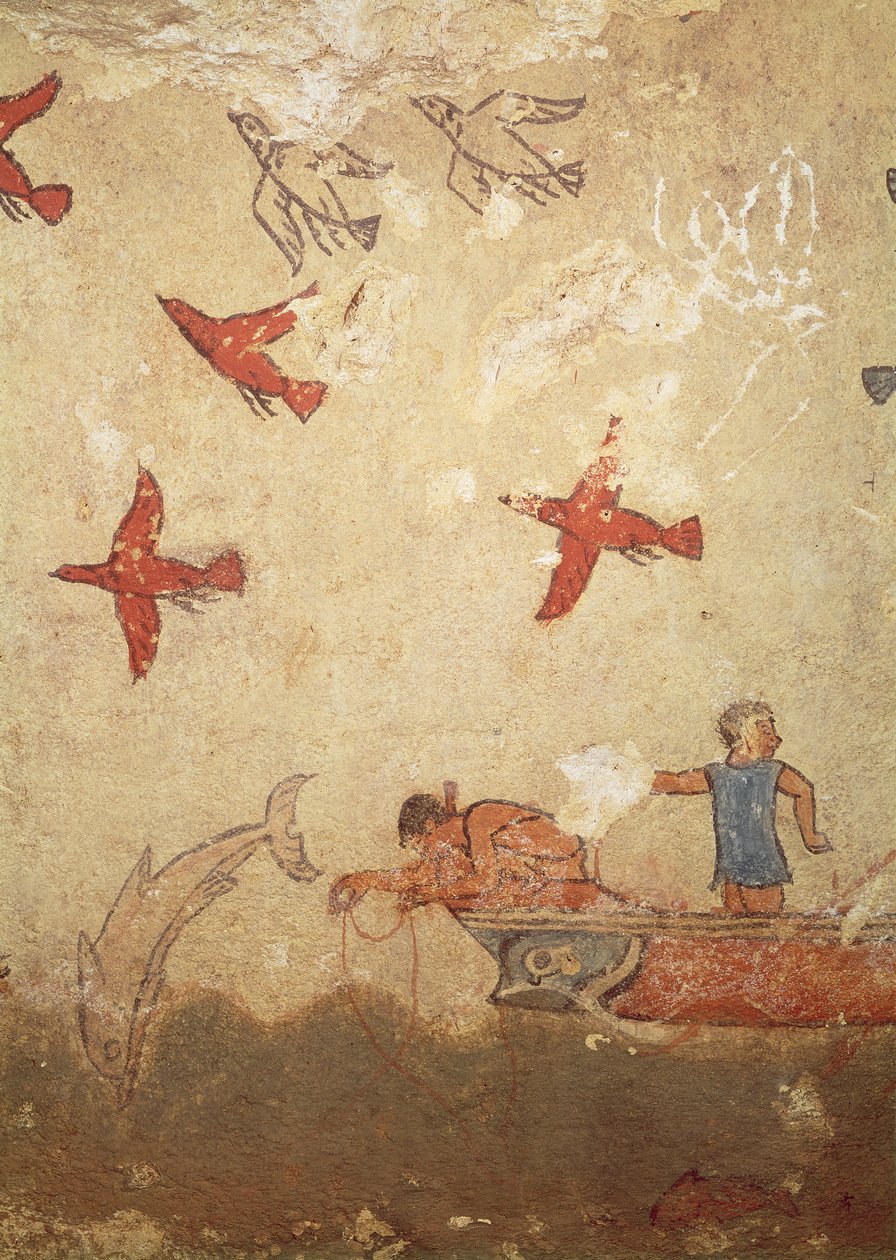 Barco de pesca, da tumba de caça e pesca, c.520-10 BC (pintura de parede) de Etruscan