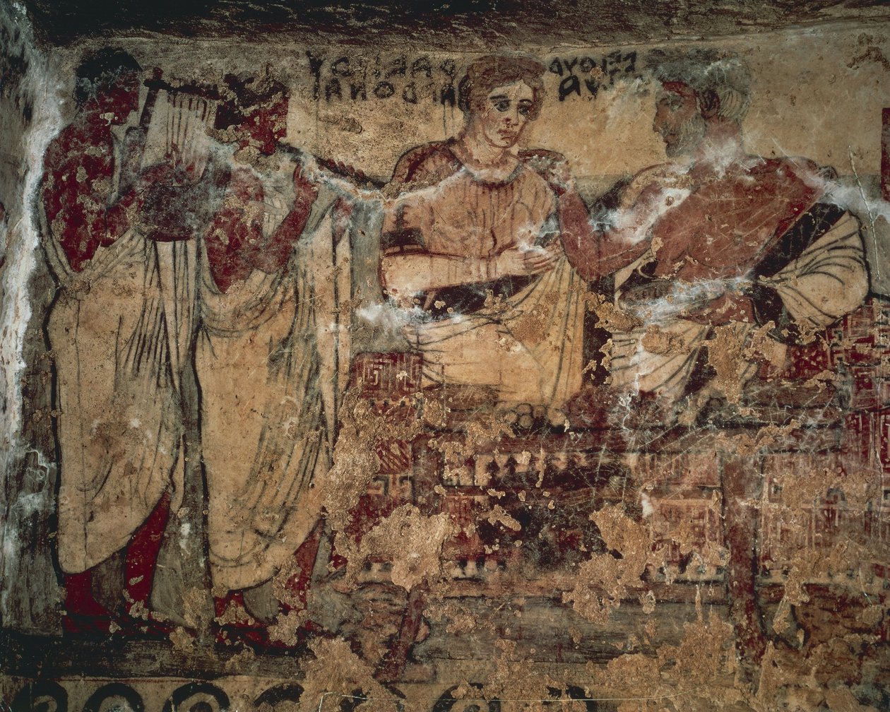 Banquete funerário de Velthur Velcha com a esposa Ravnthu Aprthnei entretido por dois músicos de Etruscan