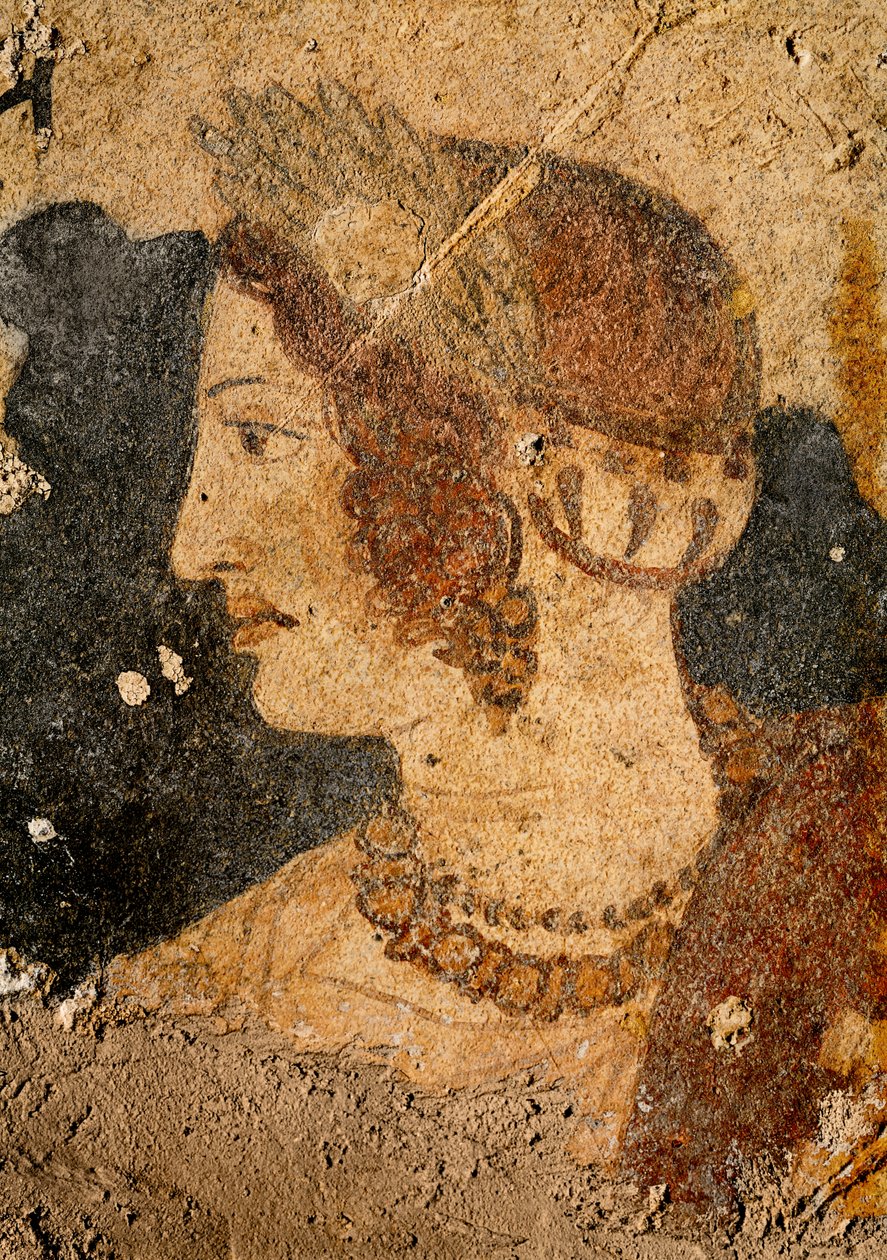 Cabeça de uma jovem mulher, Velia, do túmulo do Orcus (pintura de parede) de Etruscan