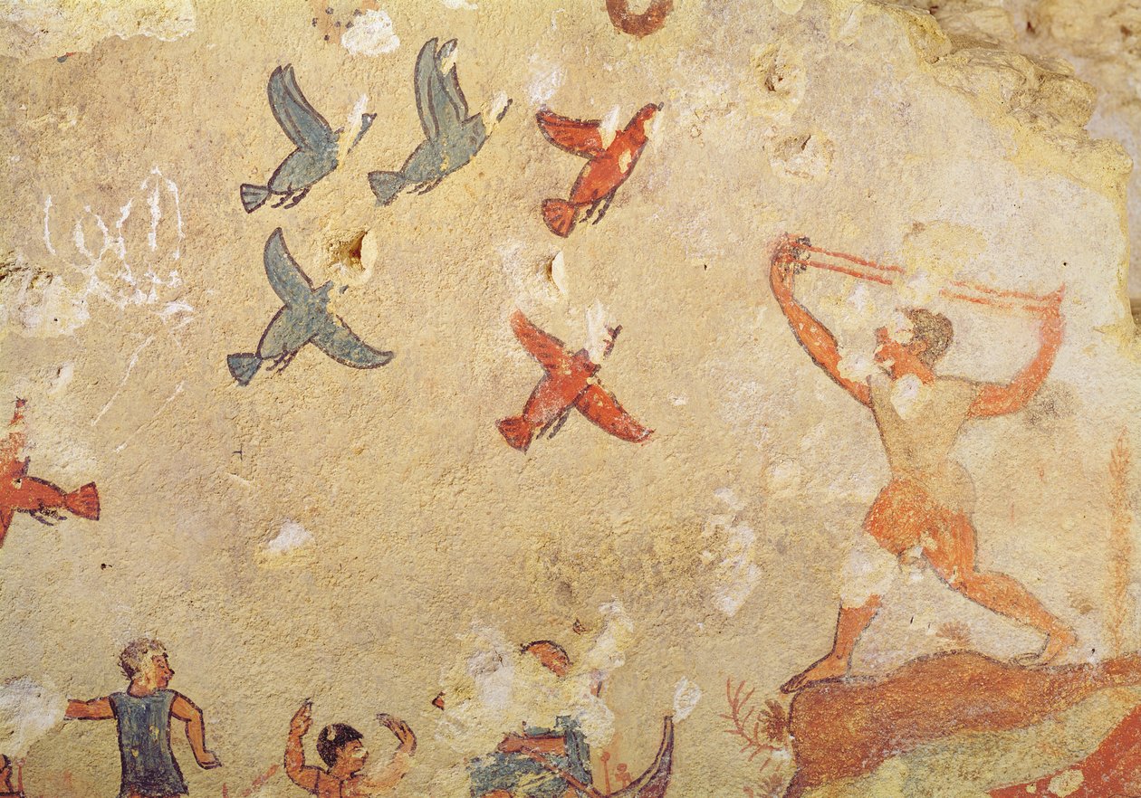 Caçador de aves, do túmulo da caça e pesca, c.520-10 BC (pintura de parede) de Etruscan