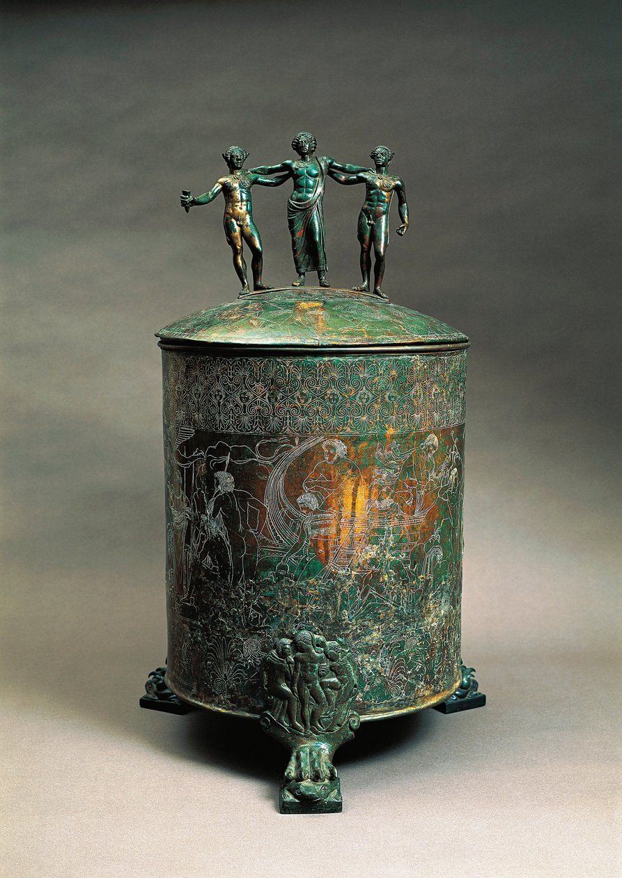 Itália, Lazio, Preneste, The Ficoroni Cista (caixão de cobre usado para guardar jóias) com uma decoração que retrata o Mito dos Argonautas de Etruscan