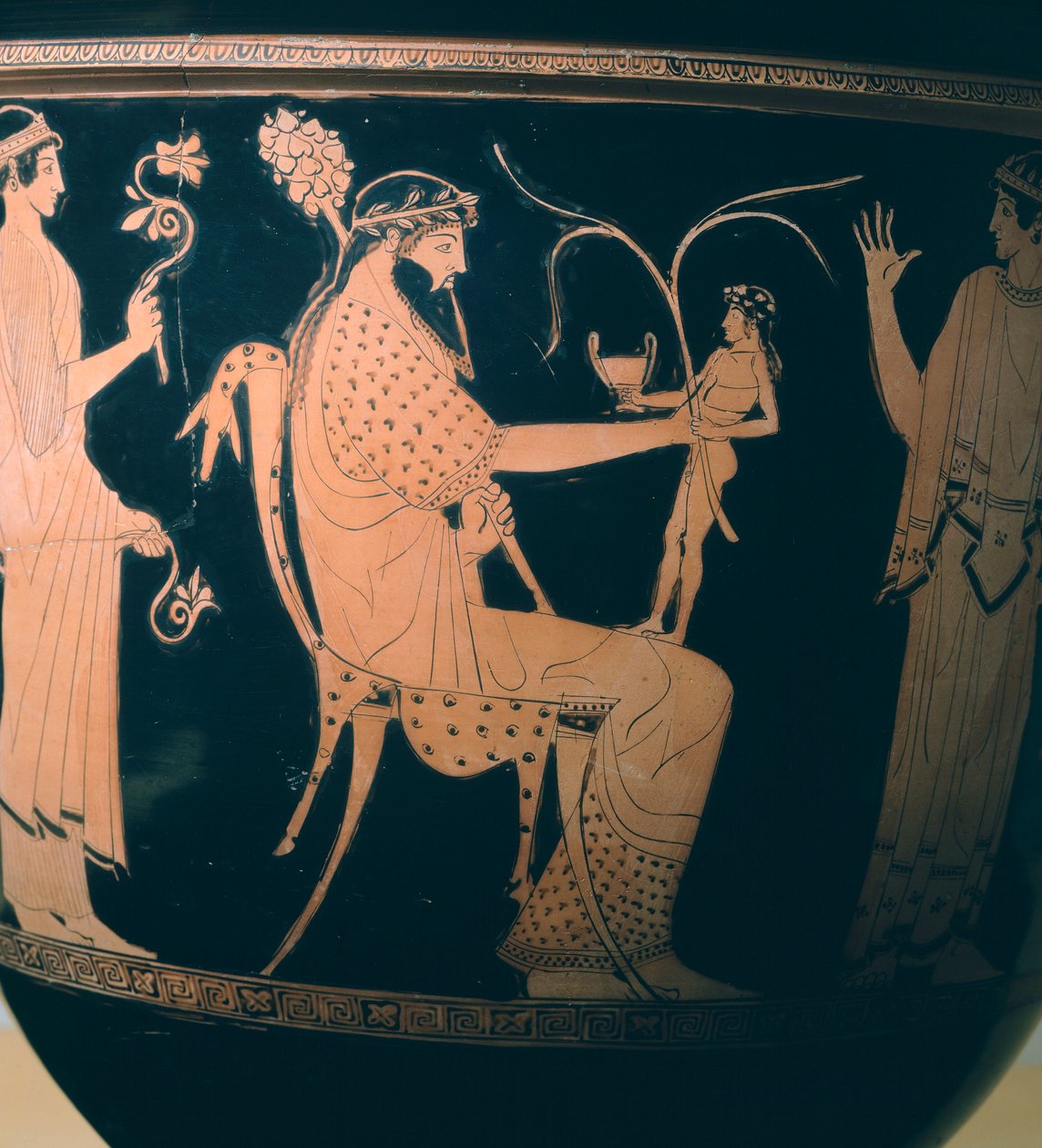 Krater (vaso grande) do Pintor Altamura, detalhe mostrando Dionísio. Cerâmica com algarismos vermelhos. Civilização Etrusca, 5-4 AC. de Etruscan