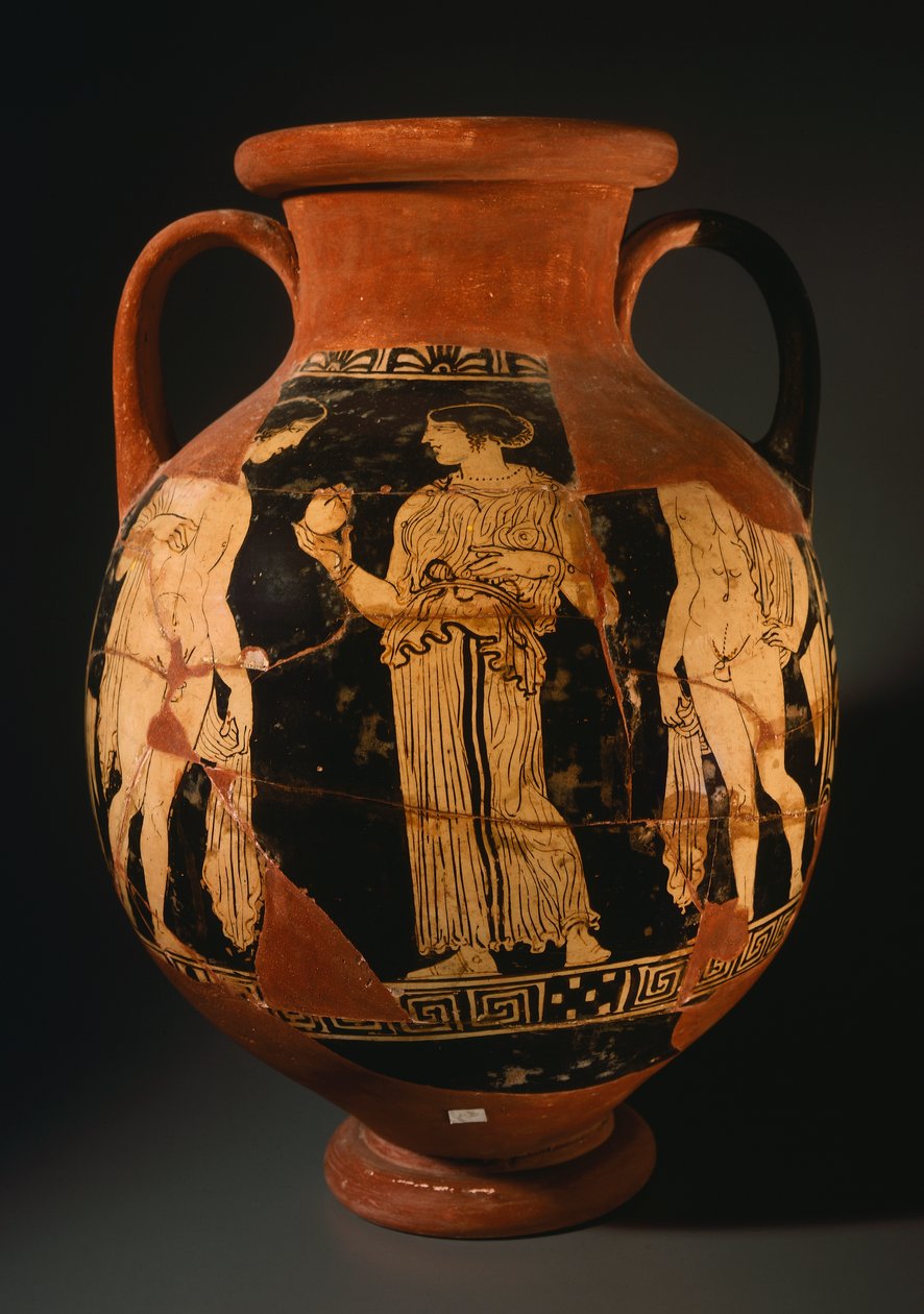 Pelike do Pintor Sommavilla com menina apresentando uma romã (reconstruída). Cerâmica de algarismos vermelhos de Orvieto (Úmbria). Civilização Etrusca, Século IV a.C. de Etruscan