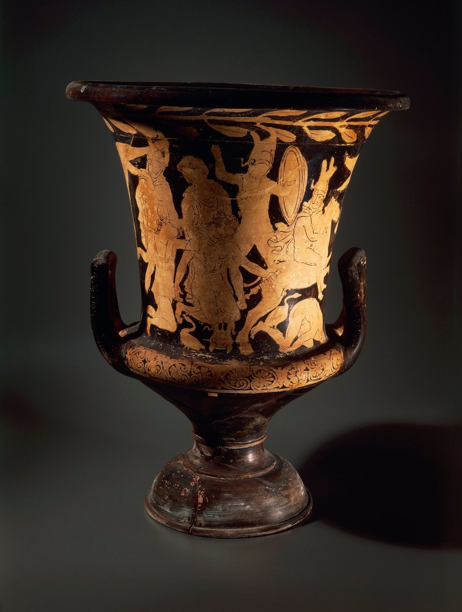 Cerâmica de figuras vermelhas, Calyx krater com guerreiros combatentes, da Oficina Vulcente de Etruscan