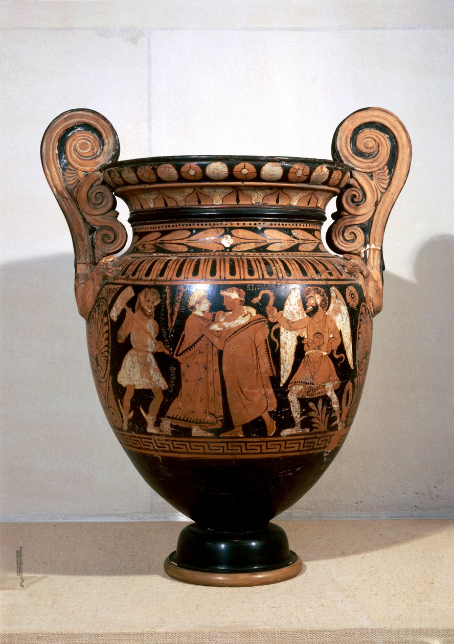 Cerâmica de algarismos vermelhos, krater Volute representando Alcestis abraçando A.D.metus e inscrição de nomes, por Alcestis Painter de Etruscan