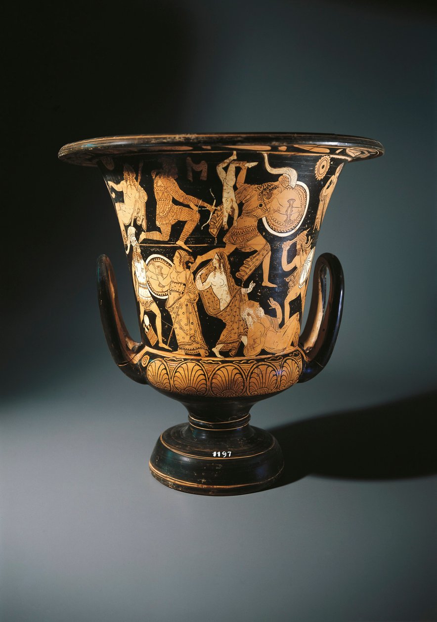 Cerâmica de figuras vermelhas, krater calyx representando Neoptolemus, Astyanax, Helena de Tróia e Priamo em terra, de Nazzano Painter, de Civita Castellana de Etruscan