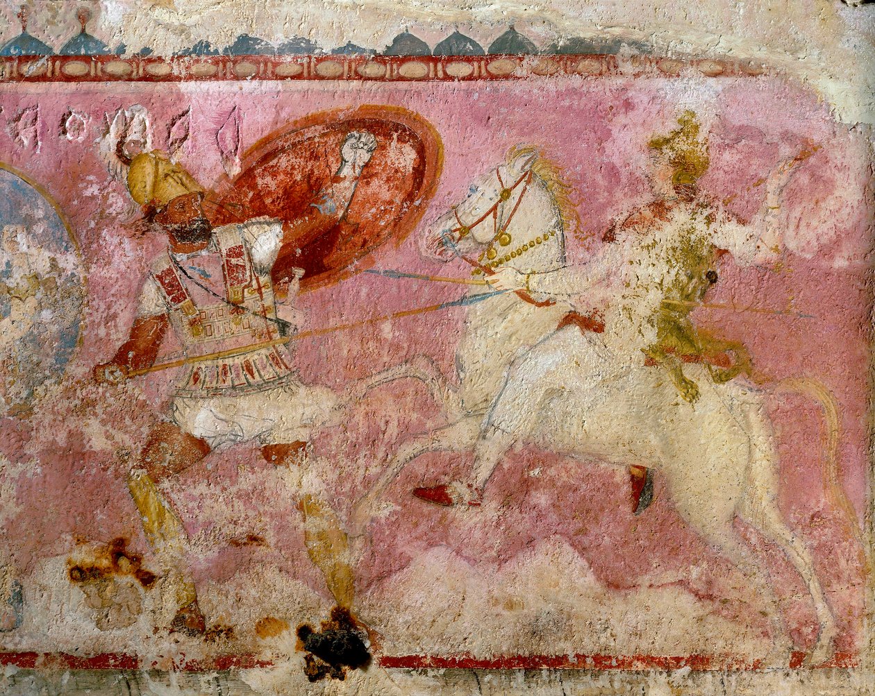 Sarcófago das Amazonas com cena de batalha pintada, pedra calcária branca, de Tarquínia, região do Lácio, Itália, pormenor de Etruscan