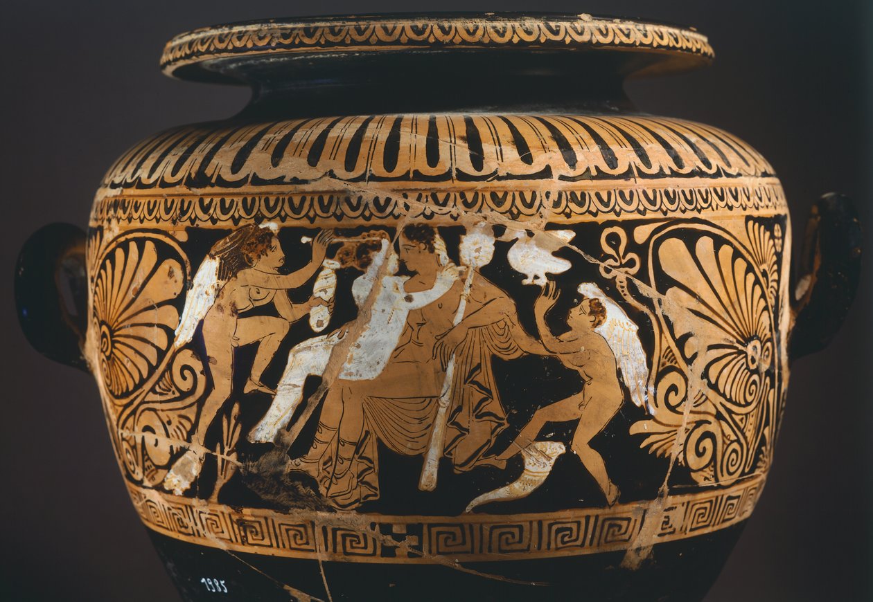 Stamnos (recipiente de armazenagem de líquidos), detalhe mostrando Dionísio e Ariadne. Cerâmica de algarismos vermelhos de Porano (Úmbria). Civilização Etrusca, Século IV a.C. de Etruscan