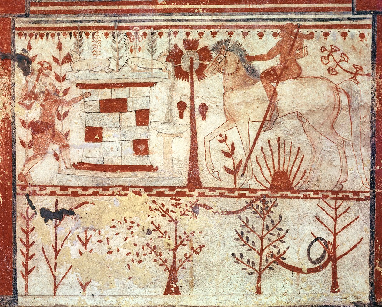 A emboscada do Príncipe Tróia Troilus por Aquiles, do Túmulo dos Touros (Tomba del Tori) c.540 a.C. (fresco) de Etruscan