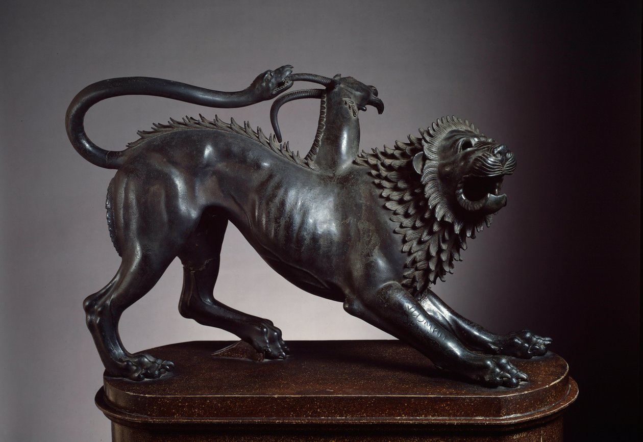 A quimera de Arezzo, assassinada por Bellerophon - Escultura Etrusca, 400-350 AC (bronze) de Etruscan