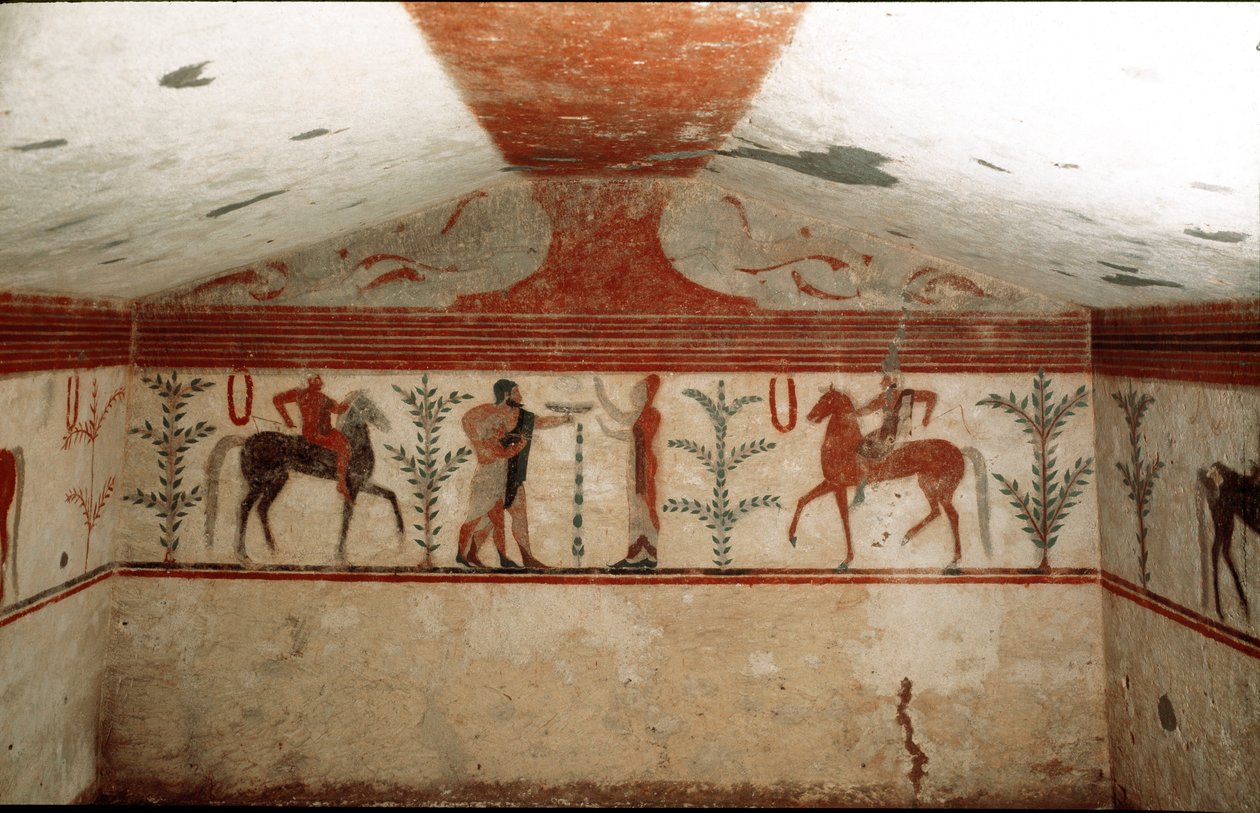 Dois cavaleiros, uma mulher e um homem barbudo apresentando um copo (Detalhe do fresco, 530 a.C.) de Etruscan
