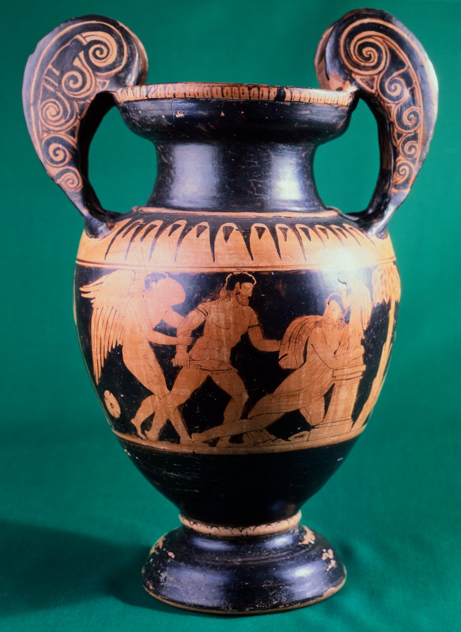 Krater volute do pintor de Mainz, retratando um guerreiro e uma amazona. Cerâmica de algarismos vermelhos. Civilização Etrusca, Século IV AC. de Etruscan