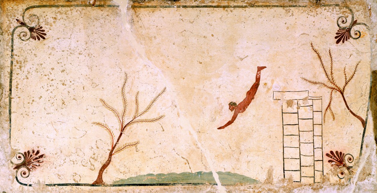 mergulhador, cerca de 480-490 a.C., fresco decorativo da laje de cobertura do Túmulo do Mergulhador em Paestum, Campânia, Itália, século V a.C. de Etruscan