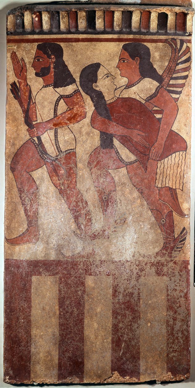 Arte Etrusca: Placa pintada em terracota chamada Plaque Campana: um arqueiro, uma asa de génio com uma figura feminina (Cerveteri (Itália), século VI a.C.). Paris, Musee Du Louvre de Etruscan Etruscan