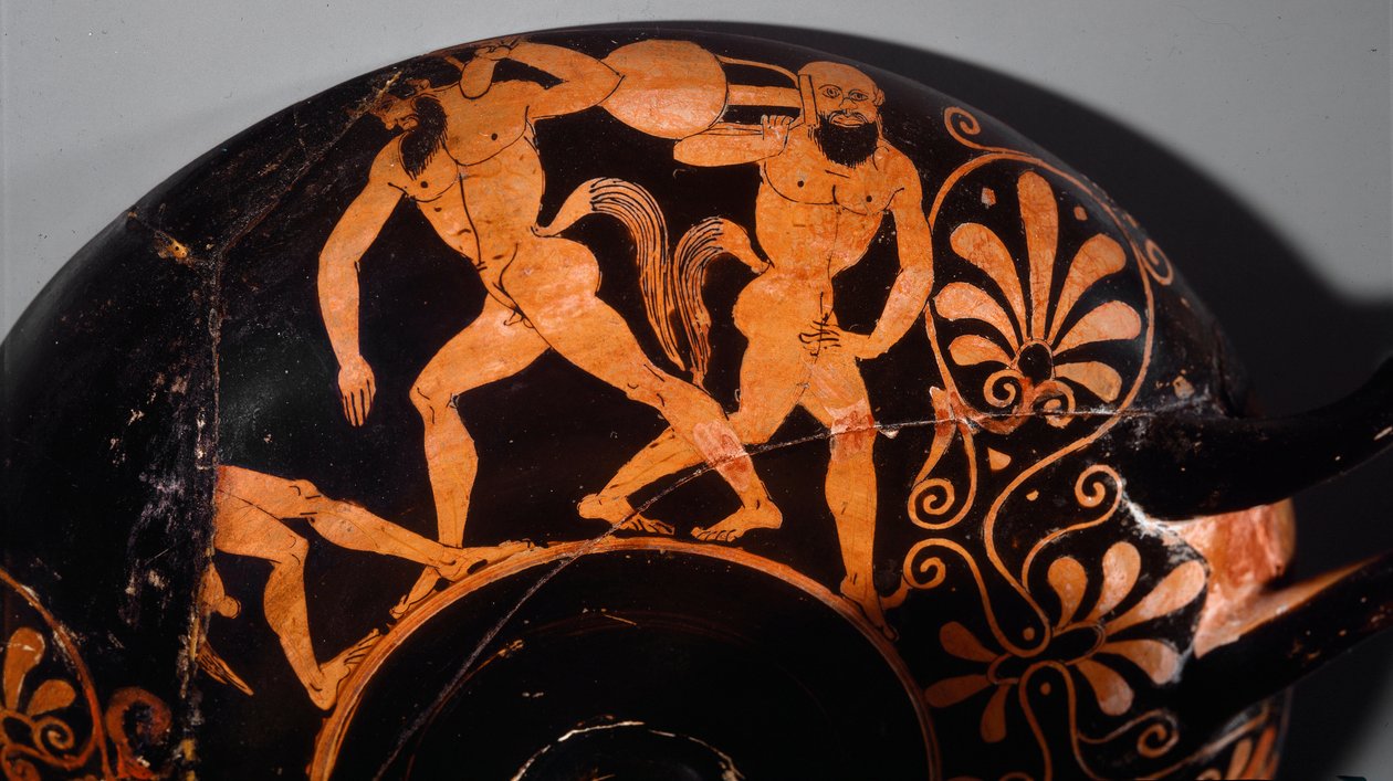 Arte etrusca: Kylix decora um komos, cortejo ritual de satyres (primeiro exemplo de cerâmica etrusca com figuras vermelhas usando linhas em relevo). 380 AC. De Vulci (?) Paris, Musee Rodin de Etruscan Etruscan