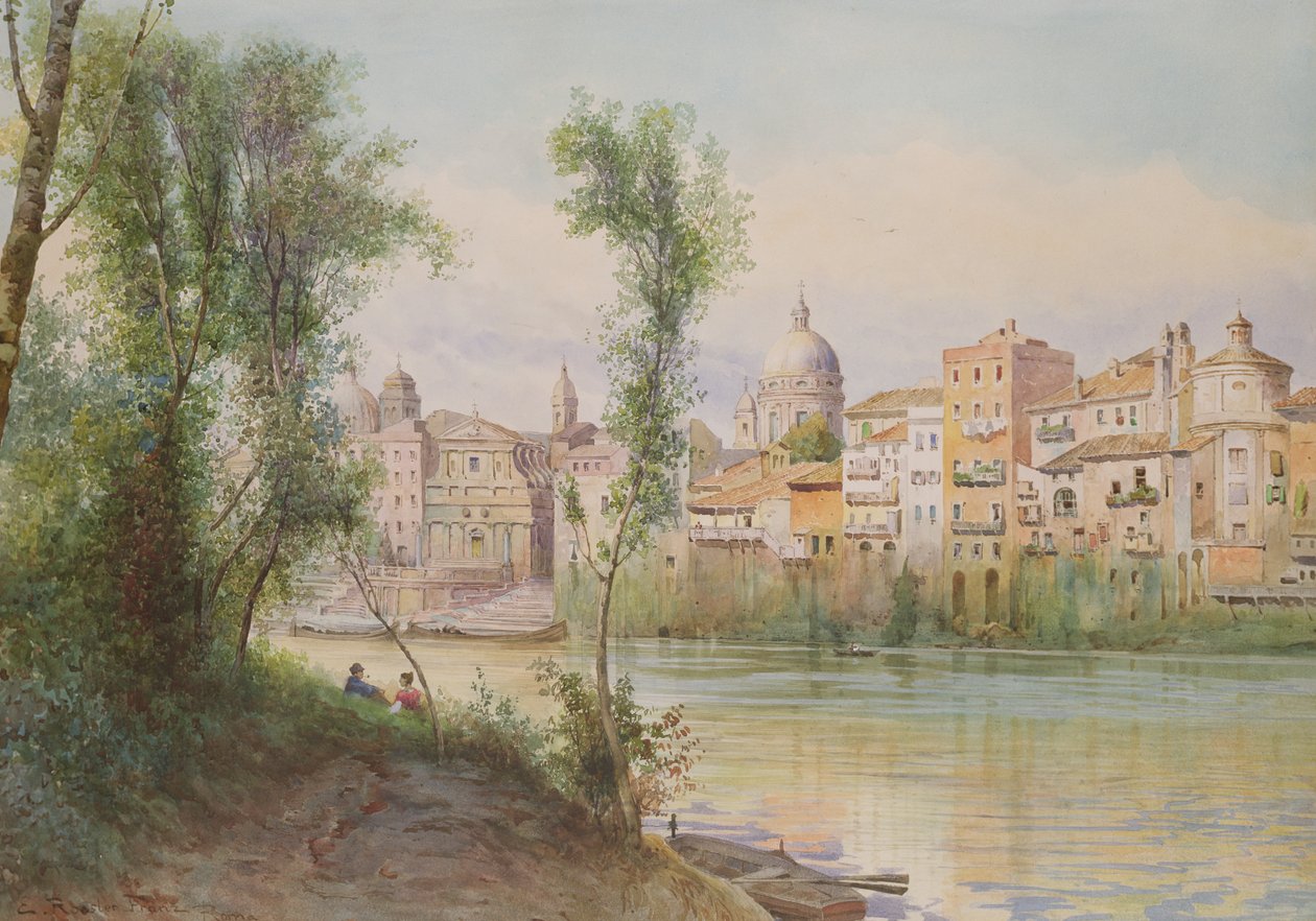 Vista do Porto di Ripetta dai Prati, Roma (wc em papel aumentado com branco) de Ettore Roesler Franz