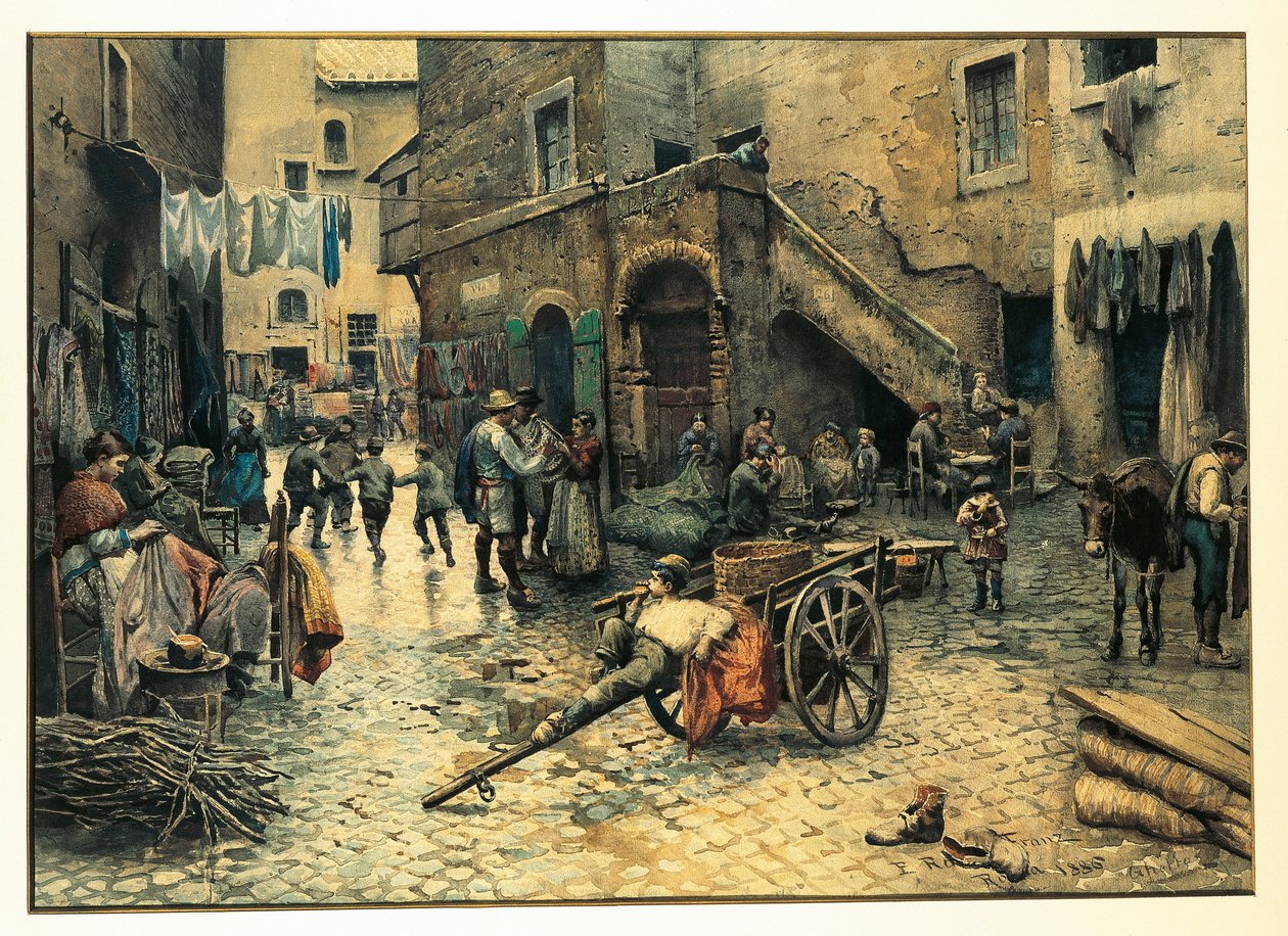 Itália, Roma, Vida de rua na Via Capocciuto no Gueto (judeu) de Roma por Ettore Roesler Franz, aguarela de Ettore Roesler Franz