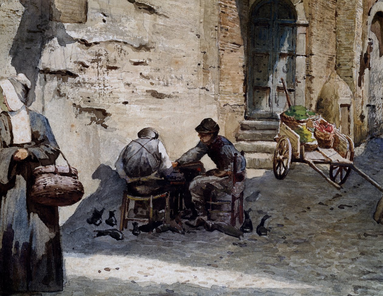 Velhas casas medievais em Lungaretta por Ettore Roesler Franz (1845-1907), aguarela da série Roma Desaparecida, Detalhe, Itália de Ettore Roesler Franz