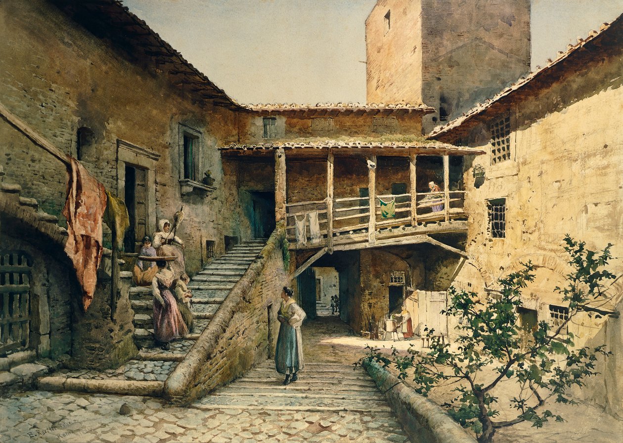 O Pátio do Palácio de Anguillara em Roma, da série Disappeared Rome, de Ettore Roesler Franz (1845-1907) de Ettore Roesler Franz