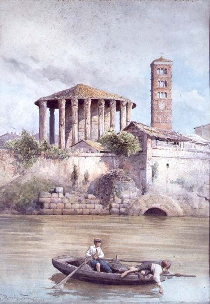 O Templo de Hércules do Rio Tibre, Roma (aguarela) de Ettore Roesler Franz