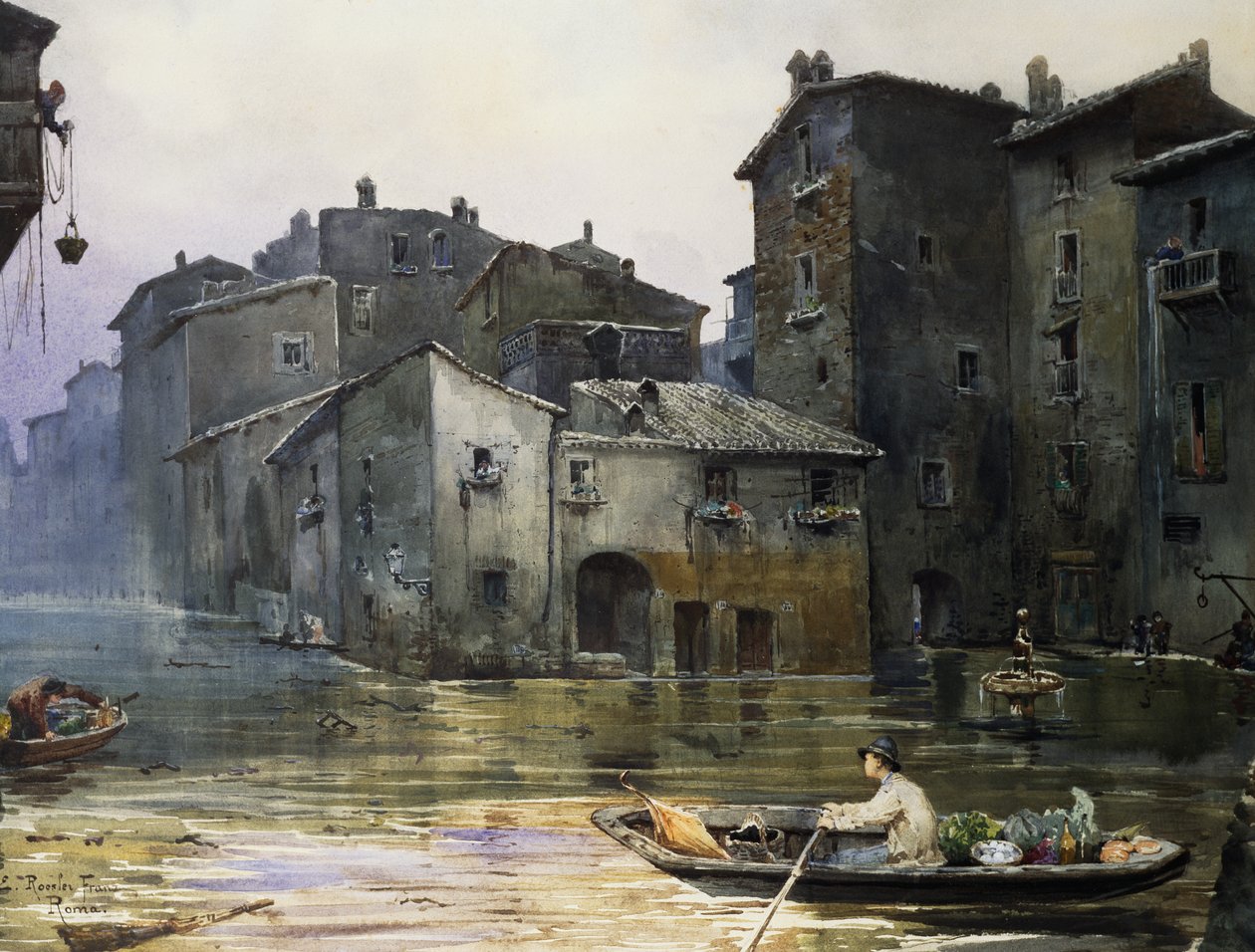 Via della Fiumara inundada em Roma, por Ettore Roesler Franz (1845-1907), aguarela, Itália de Ettore Roesler Franz