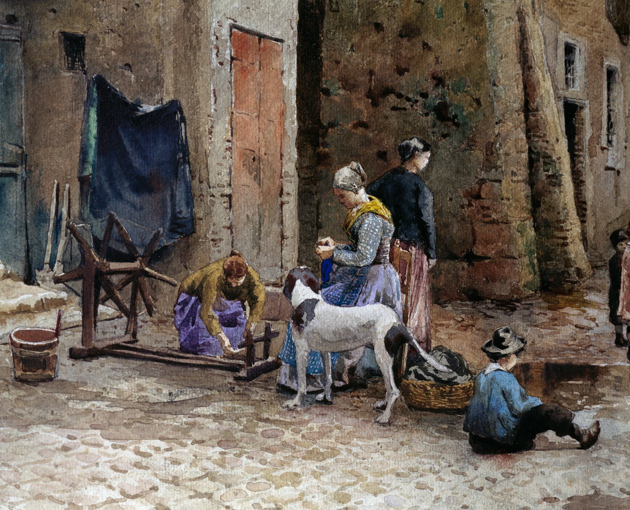 Mulheres concentradas na fiação, detalhe de casas antigas em Lungaretta em Roma de Ettore Roesler Franz