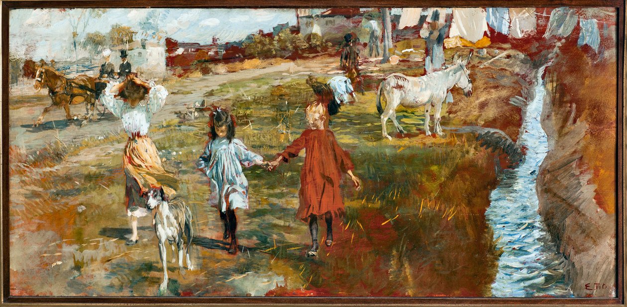 Paisagem campestre com crianças e cão, um burro junto ao rio (óleo sobre tela de Ettore Tito