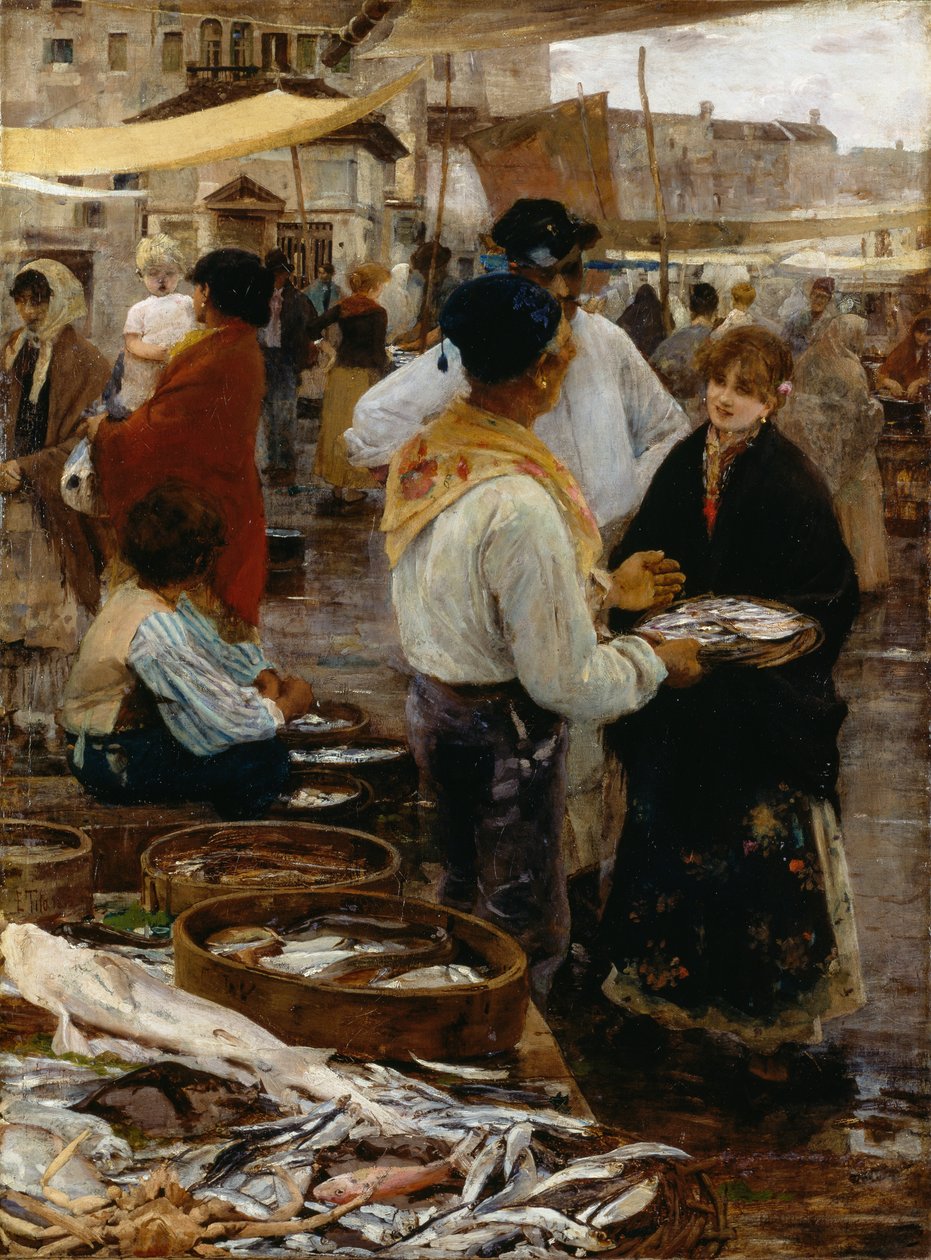 Mercado de peixe em Veneza de Ettore Tito