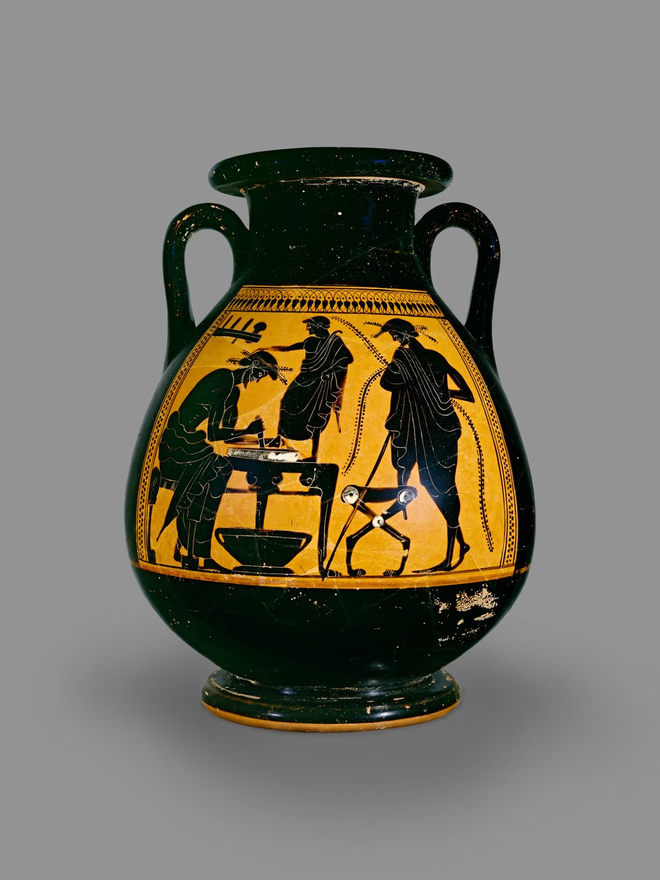 Pelike ático de figuras negras decorado com a cena de um sapateiro cortando couro para um sapato, no início do século V aC (cerâmica) de Eucharides Painter