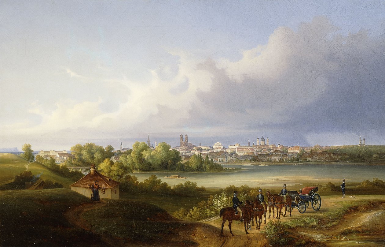 Uma vista de Munique e do rio Isar, 1838 de Eugen Adam