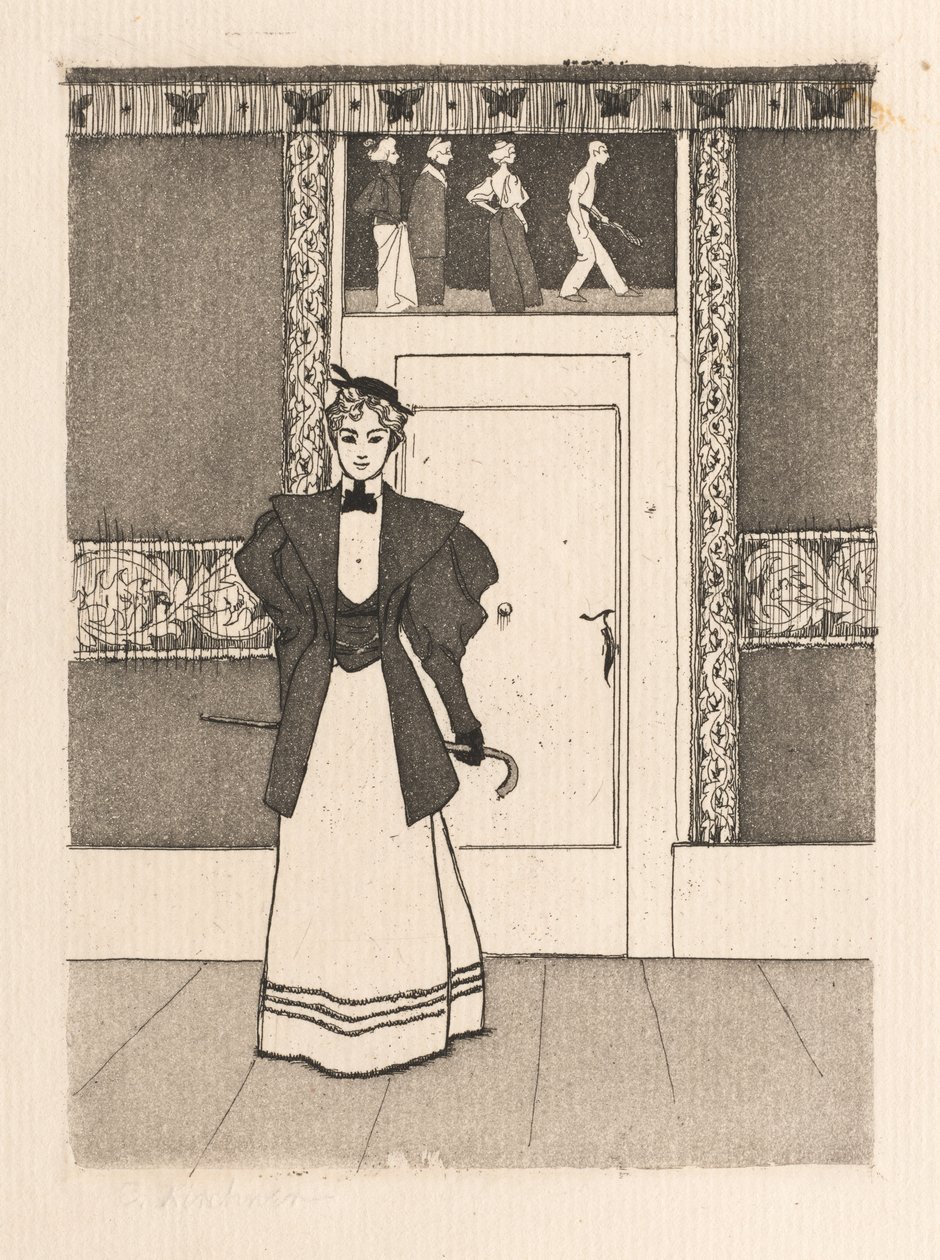 Interior com jovem em traje de caminhada, 1895. de Eugen Kirchner