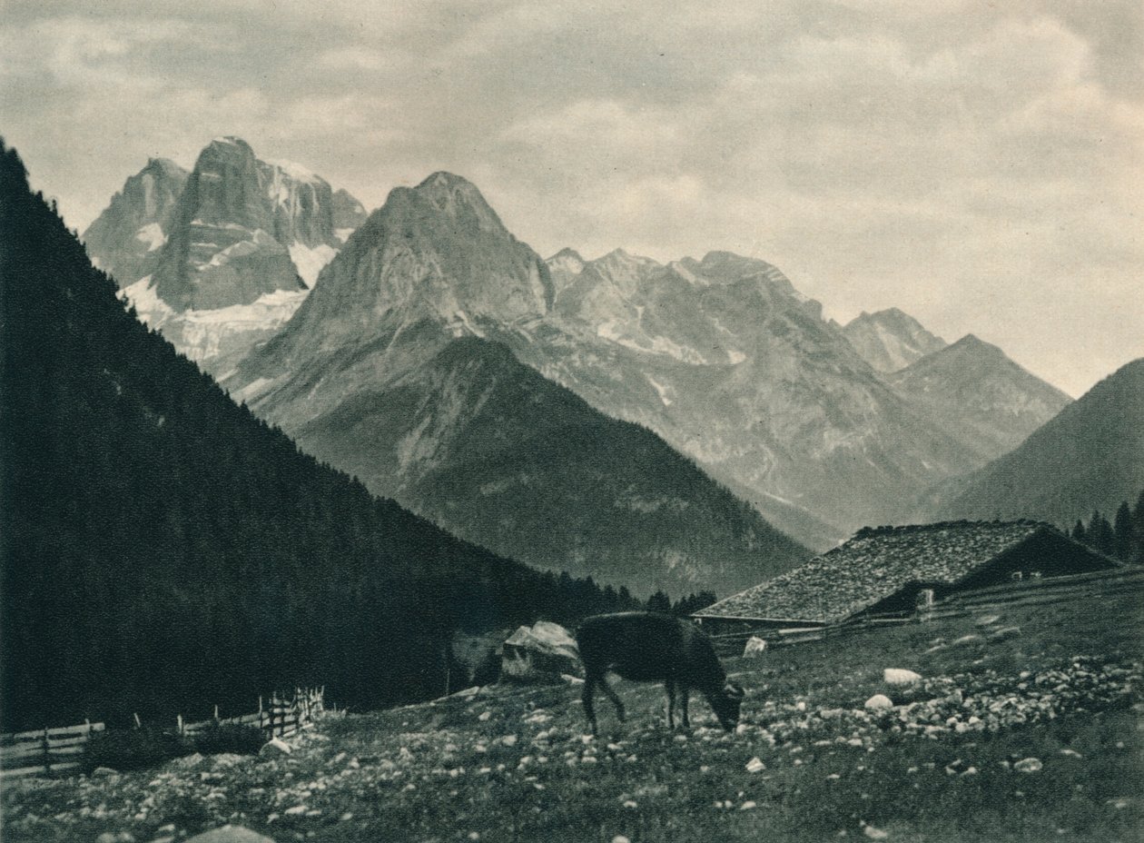 Vista do grupo Brenta com pastagem alpina, Madonna di Campiglio, Dolomitas, Itália, 1927 de Eugen Poppel
