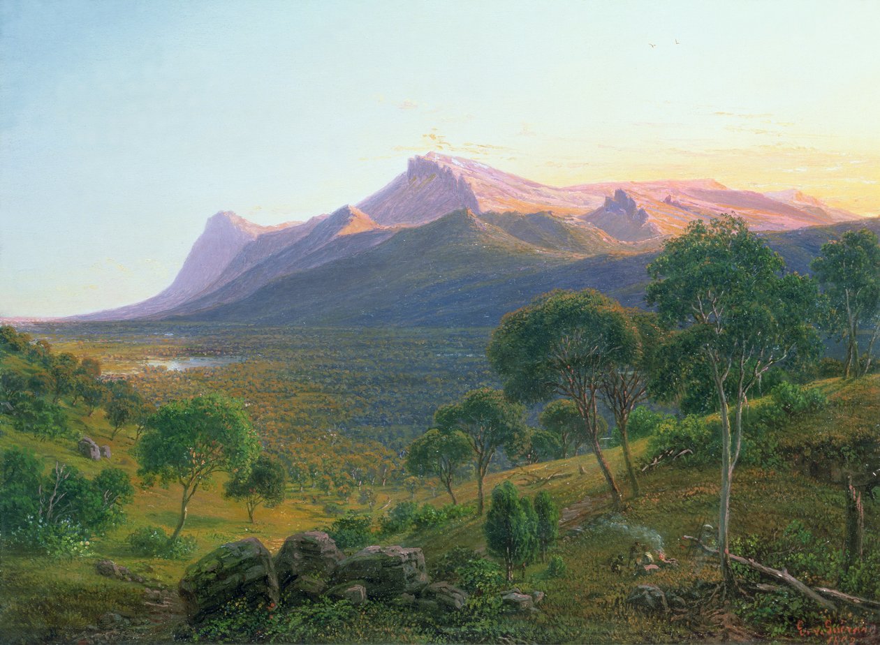 Aborígines por um incêndio antes do Monte William visto do Monte Dryden em Grampians, Victoria, 1892 (óleo) de Eugene von Guérard
