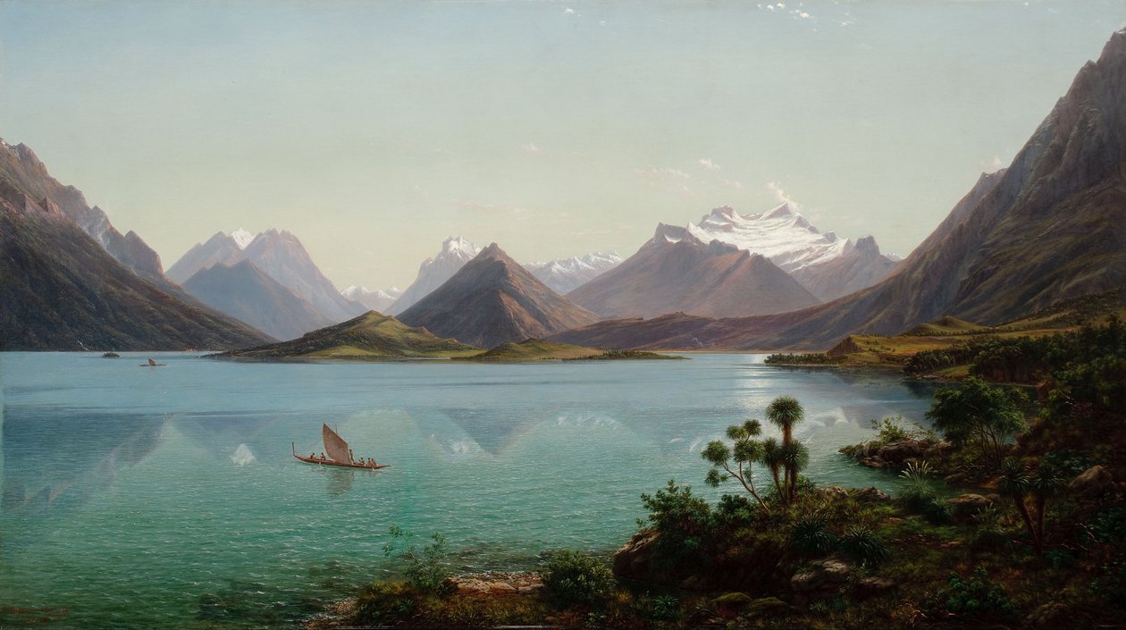 Lago, wakatipu, com, monte, Earnslaw, meio, ilha, nova zelândia de Eugene von Guérard