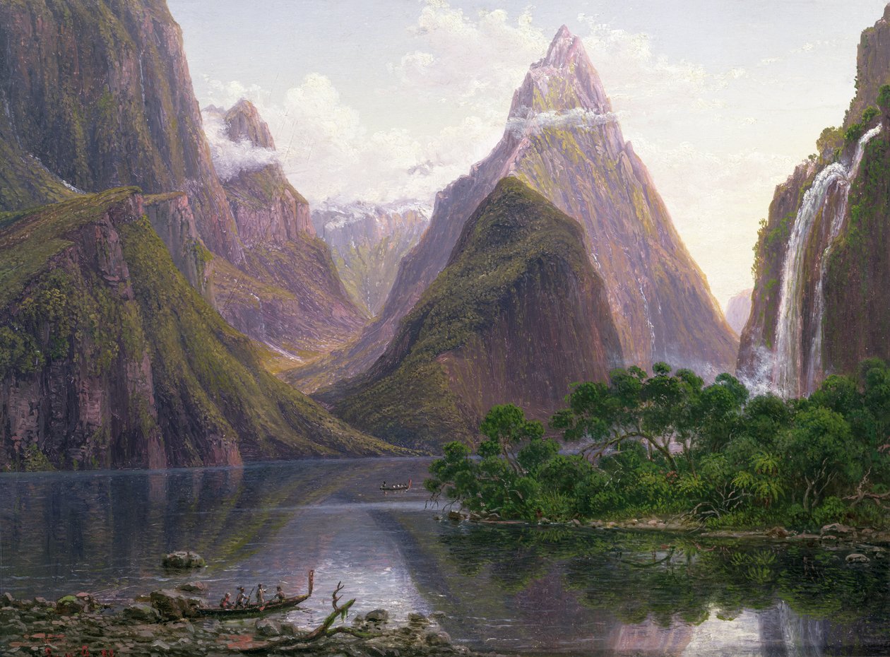 Figuras nativas em uma canoa em Milford Sound, Costa Oeste da Ilha do Sul, Nova Zelândia, também retratadas são Mitre Peak e Bowens Fall, 1892 de Eugene von Guérard