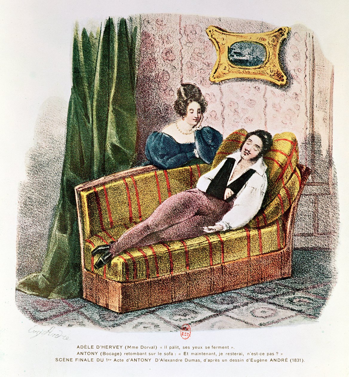 Marie Dorval (1798-1849) no papel de Adele d&39;Hervey e Bocage (1797-1863) como Antony, na cena final do Ato I de &39;Antônio&39; de Alexandre Dumas Pere (1802-70) 1831 de Eugene Andre