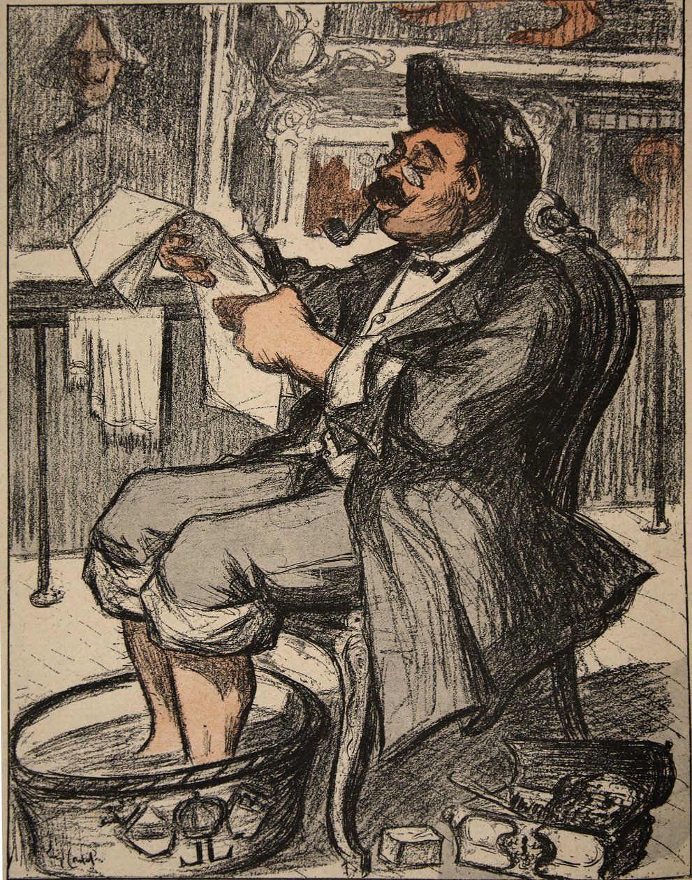 Um funcionário do governo que lê seu jornal com um pedilúvio, ilustração de "O Prato de Manteiga: Os Servidores Públicos", 9 de agosto de 1902 de Eugene Cadel