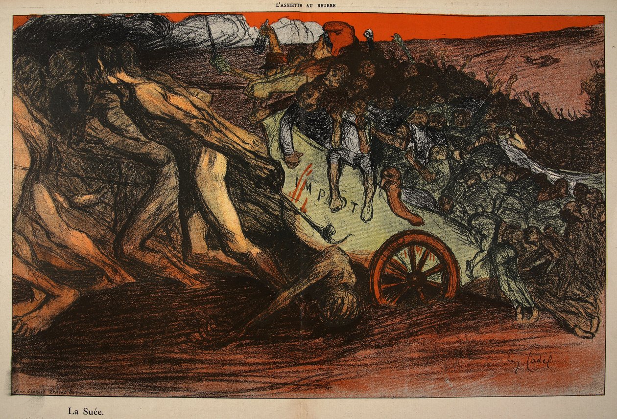 &39;O ônus da tributação&39;, ilustração de &39;A Placa da Manteiga: Funcionários&39;, 9 de agosto de 1902 de Eugene Cadel
