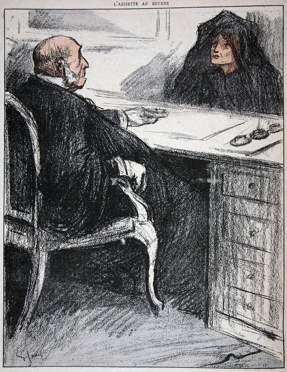 Viúva, com, um, justiça, oficial, ilustração, de, a, a, prato manteiga, a, empregados públicos, 9º agosto, 1902 de Eugene Cadel