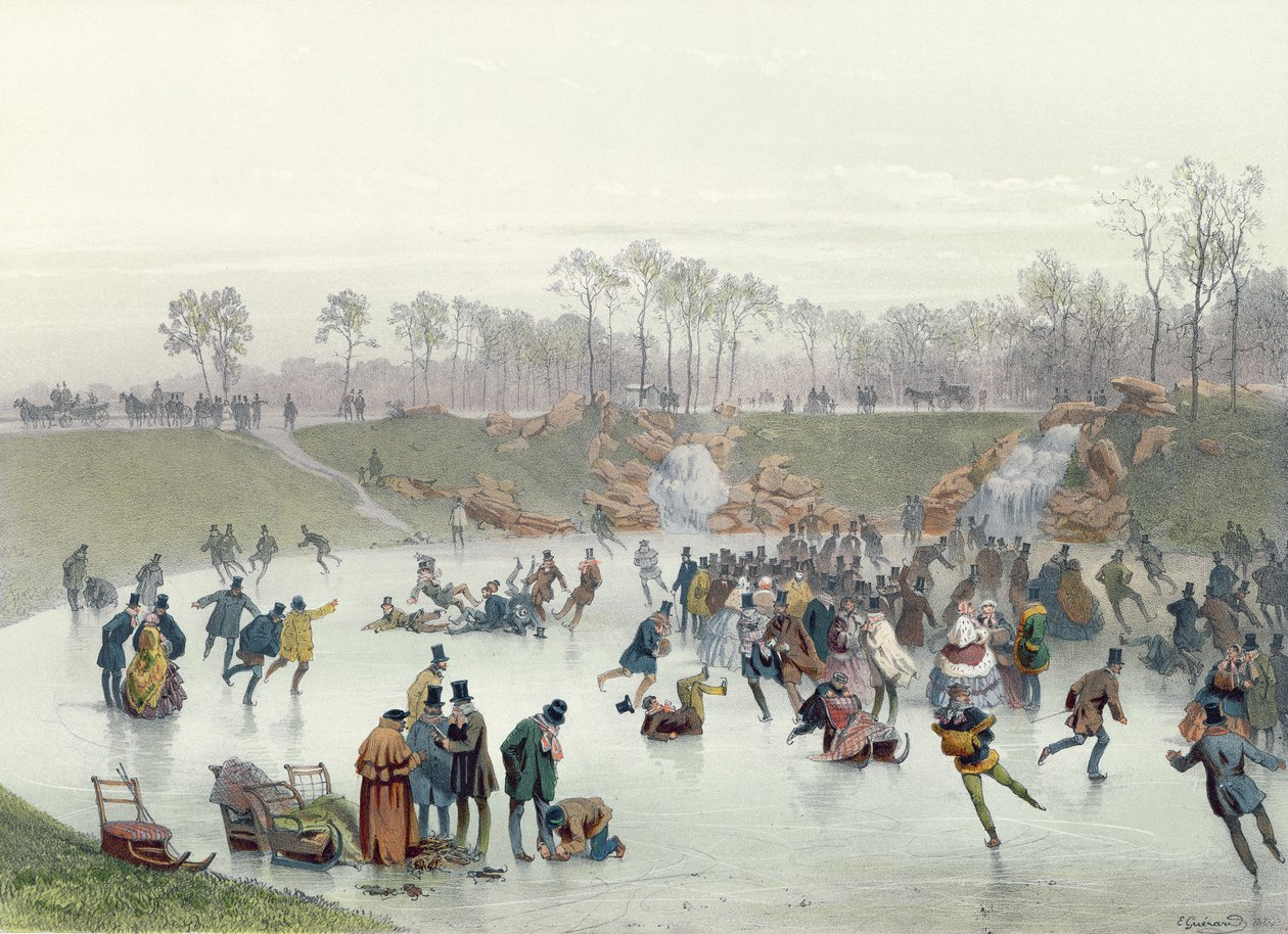 Patinadores no lago em Bois de Boulogne de Eugene Charles Francois Guerard