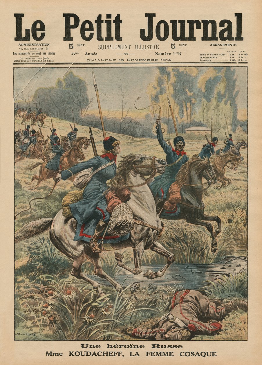 Uma heroína russa, madame Koudacheff, uma mulher cossaca, ilustração da capa do &39;Le Petit Journal&39;, suplemento ilustrado, 15 de novembro de 1914 de Eugene Damblans