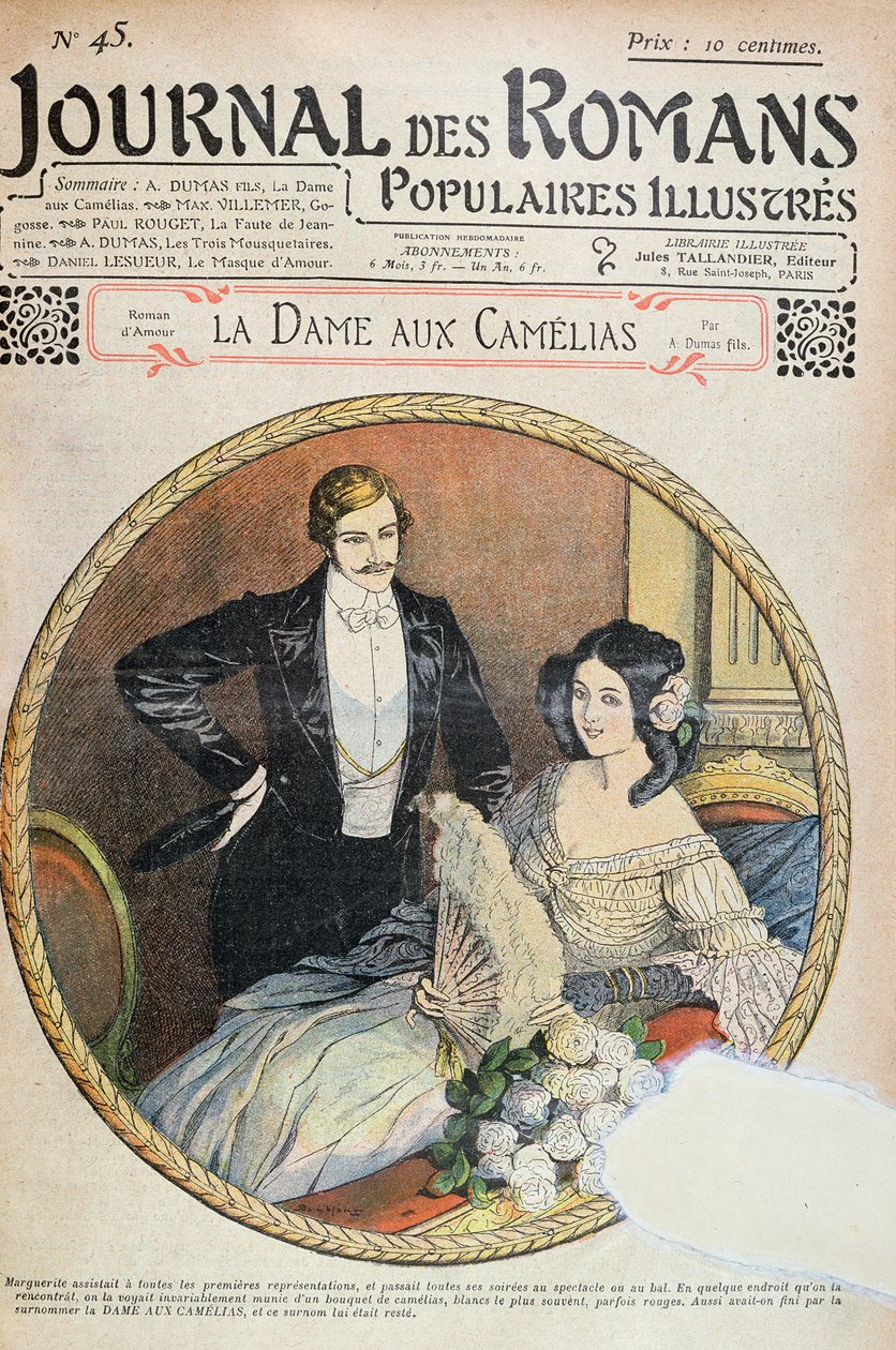 Marguerite com seu buquê de camelias brancas na caixa no teatro, ilustração para &39;La Dame aux Camelias&39; por A. Dumas fils no &39;Journal des Romans&39;, 1905 de Eugene Damblans