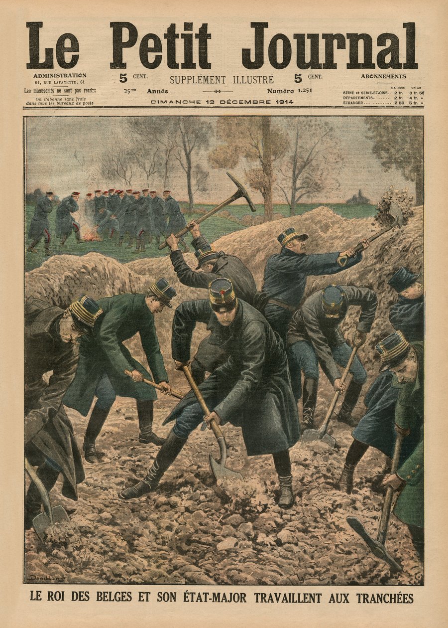 O Rei da Bélgica, juntamente com seus funcionários escavando as trincheiras, ilustração da capa do &39;Le Petit Journal&39;, suplemento ilustre, 13 de dezembro de 1914 de Eugene Damblans