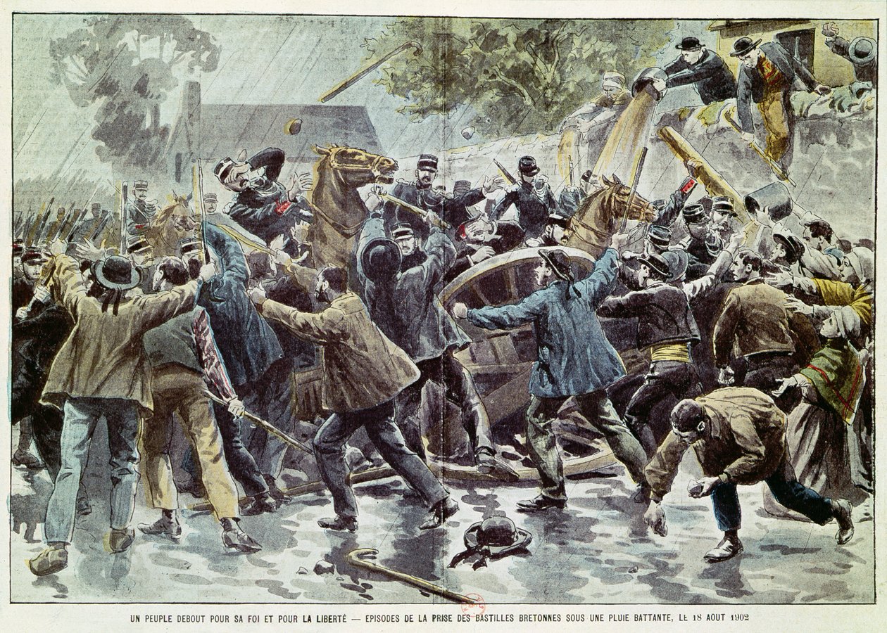 Agitação na Bretanha, em 18 de agosto de 1902, bretões contra a aplicação da lei sobre as congregações, 1902 (gravura a cores) de Eugene Damblans