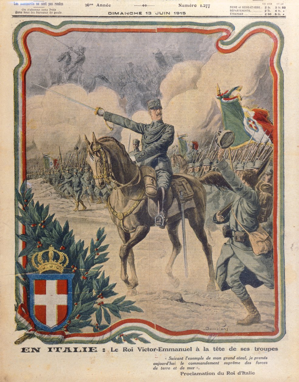 Victor Emmanuel III (1869-1947) Liderando seu Exército, ilustração do &39;Le Petit Journal&39;, publicado em 13 de junho de 1915 de Eugene Damblans