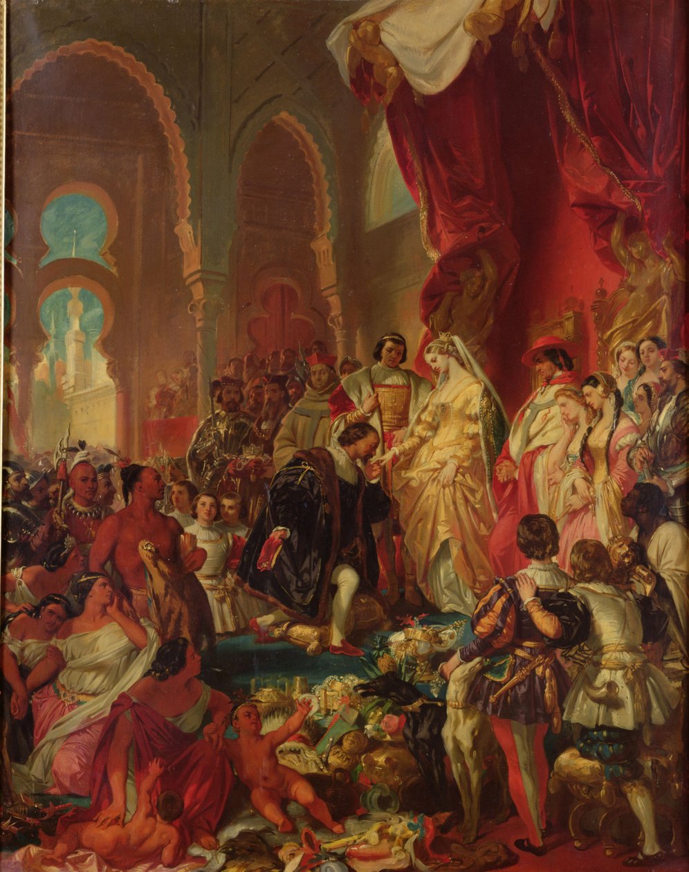 Cristóvão Colombo (1450-1506) Antes de Ferdinando II (1452-1516) de Aragão e Isabella (1451-1504) de Castela, 1861 de Eugene Deveria